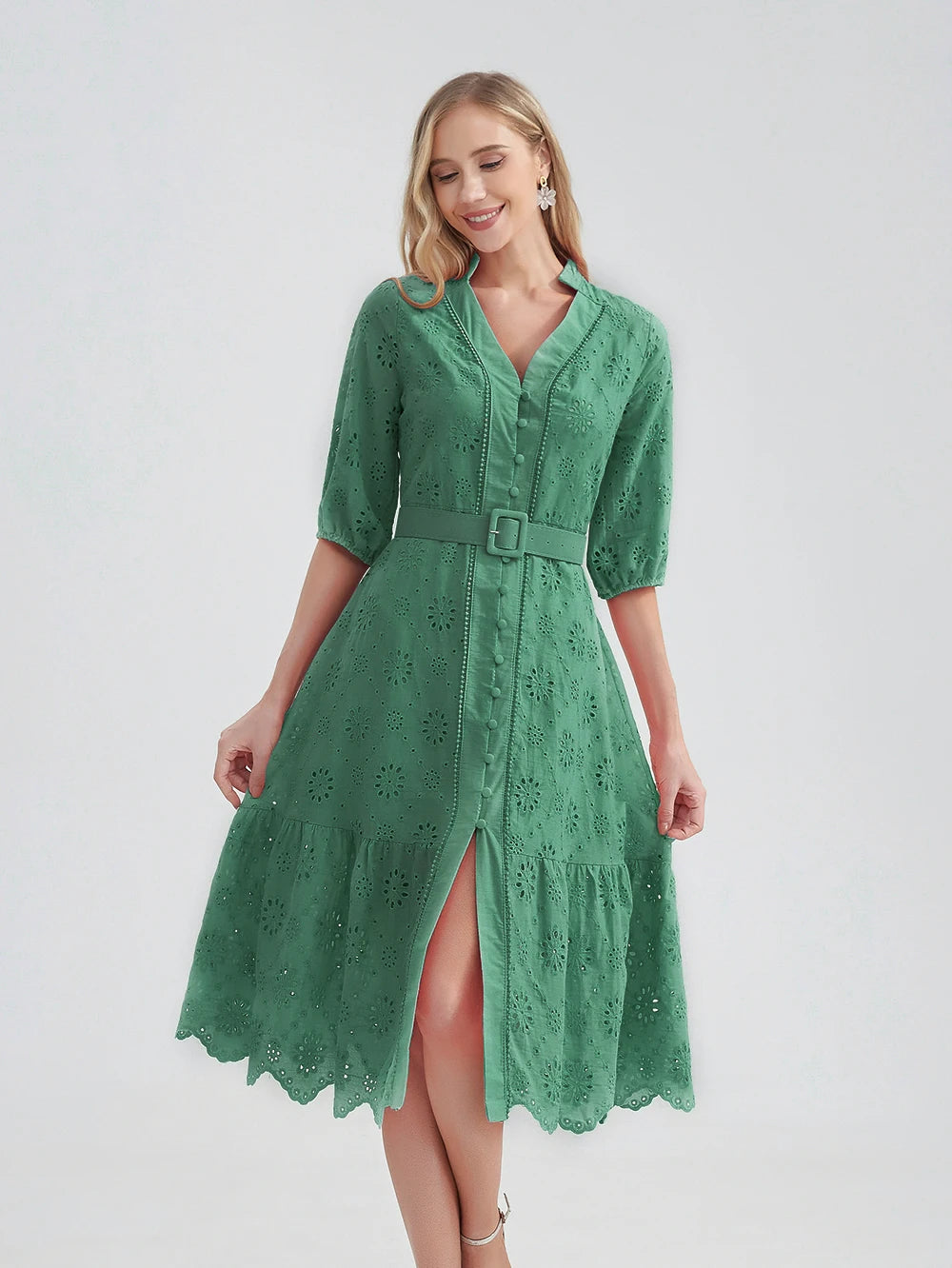 Cotton Hollow Out Summer Dress Women Holiday Perppy Casual High Waist Ruffled Mini V-Neck Dresses A-line Frills Vestido voguable