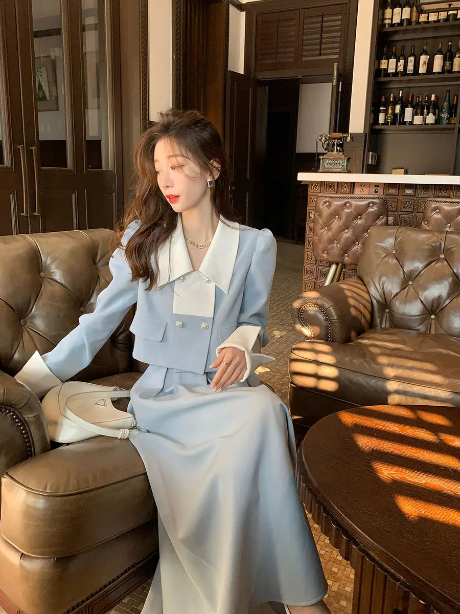 Voguable  Autumn Elegant 2 Piece Dress Set Women Slim Vintage Party Office Lady Korean Suit Long Sleeve Crop Tops + Casual Midi Skirt voguable
