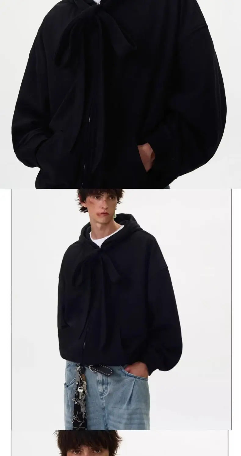 American solid strap design hooded sweatshirt cardigan men's autumn winter new coat couple tops loose versatile jacket voguable
