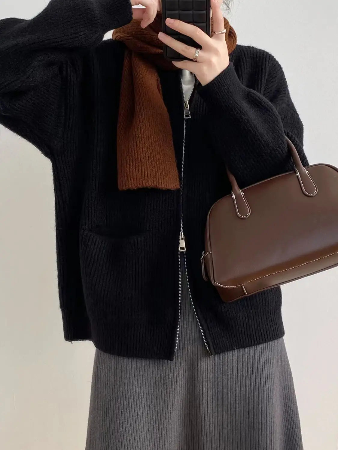 Sweater Cardigan Women Autumn Double Zipper Casual Korean Knitwear Coat Solid Color Loose Soft Long Sleeve Jackets Outerwear voguable