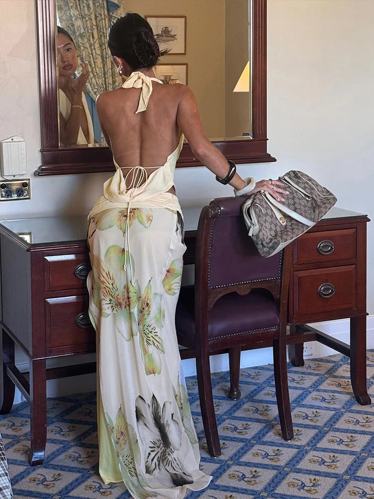 Elegant Women 3 Piece Set Stack Trend Halter Tops+Split Tassel Tassel+Flowers Mesh Skirts Matching Vacation Clubwear voguable