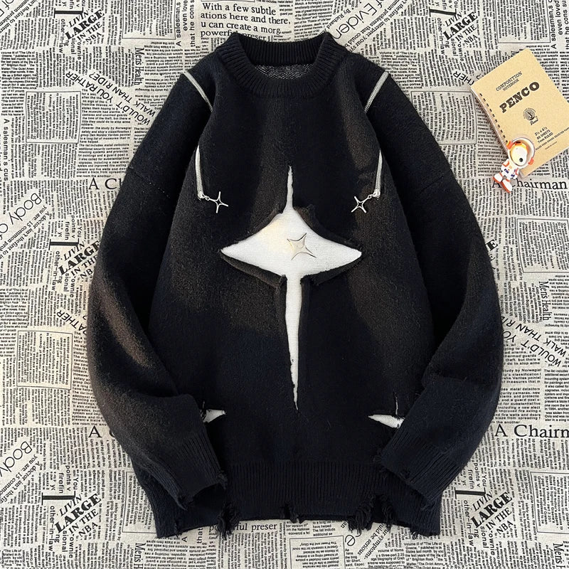 Men Sweater Streetwear New Retro Hole Fringed Loose Versatile Long Sleeve Pullover gotmes-shop