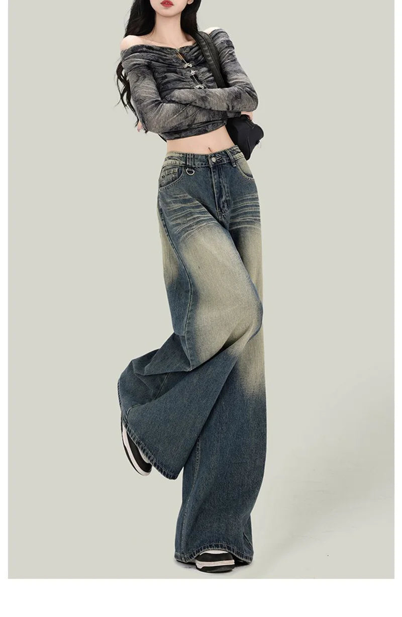 Women Streetwear Retro Jeans Loose High Waist Y2K Denim Pants Casual American Harajuku Fall Female Pockets Wide Leg Trousers New voguable