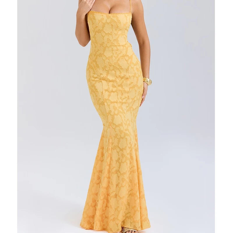 Sexy Backless Bandage Long Fishtail Dress For Women Elegant Wedding Guests Party Evening Gowns Dresses Maxi Robe Yellow voguable