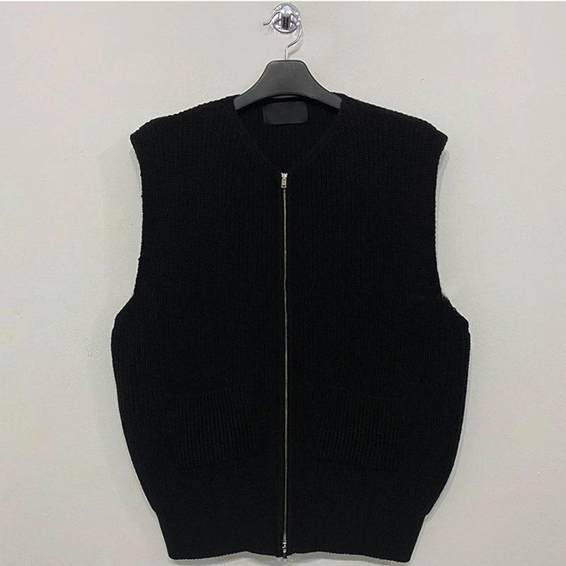 Men's Knitted Sleeveless Zipper Sweater Casual Luxury Clothing Waistcoat Tide Port Style Leisure Pullover Spring Retro Knitwear voguable