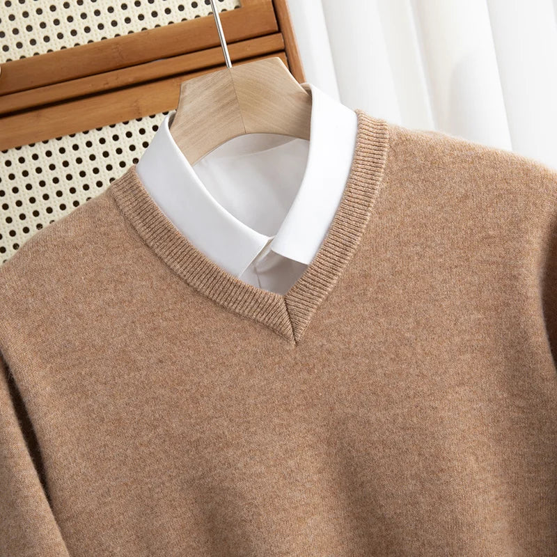 Men 100% Merino Wool Sweater V-Neck Pullover Autumn Winter Cashmere Warm Solid Knitwear Clothes Business Bottoming Soft Tops voguable