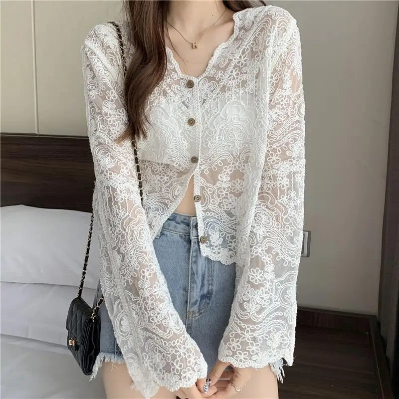 Voguable  Hollow Out Lace Summer Cardigan Women Korean Style V Neck Embroidered Floral Shirt Woman Lightweight Thin Solid Long Sleeve Top voguable