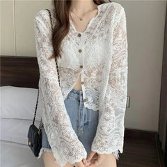 Voguable  Hollow Out Lace Summer Cardigan Women Korean Style V Neck Embroidered Floral Shirt Woman Lightweight Thin Solid Long Sleeve Top voguable