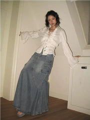 Yedinas Fairycore Style Blouse Women Clothes Flare Sleeve Lace Up Single Breasted Bowknot Shirt Women Tops 2023 Autumn Chic Y2k voguable