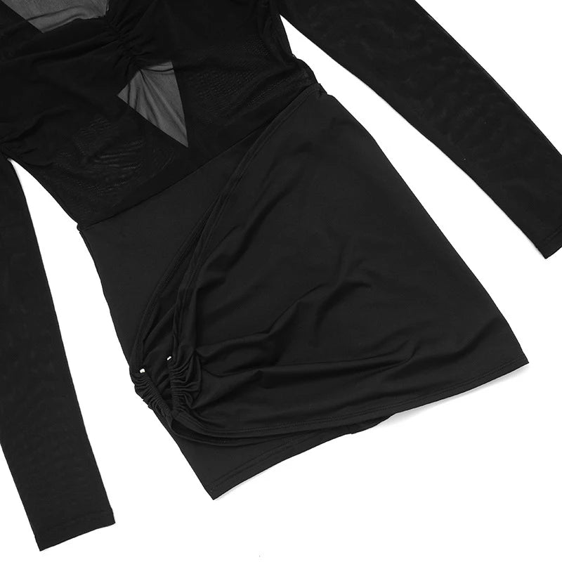 Voguable  Women's Autumn Mesh Patchwork Y2k Black Sexy Mesh Ruched Sheer Long Sleeve Romper Backless Bodycon Club Playsuits Outfits voguable