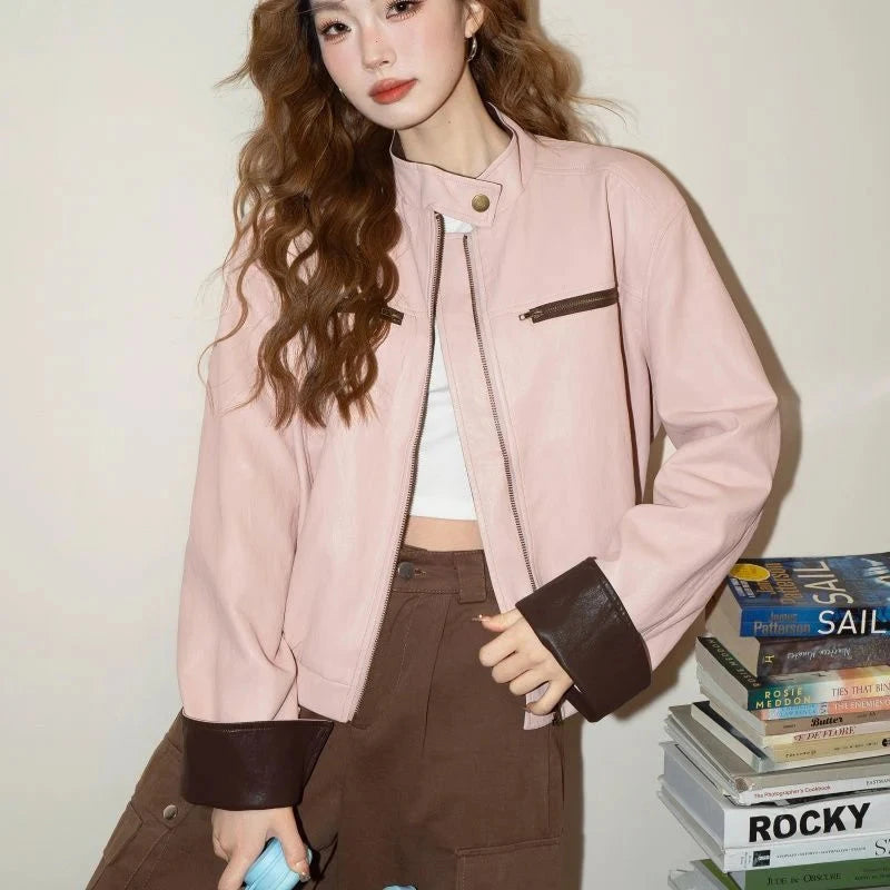 Pink Vintage Biker Pu Jacket Women Long Sleeve American Casual Y2K Coat Fall Winter Moto Female O Neck Streetwear Retro Top voguable