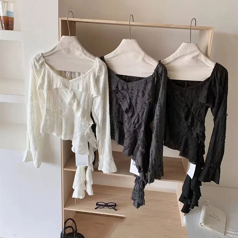 Irregular Patchwork Women T Shirts Y2K Fashion Gothic Ruffled Sleeve Female Tops Streetwear Sexy Hollow Out Hole Casual Tees New voguable