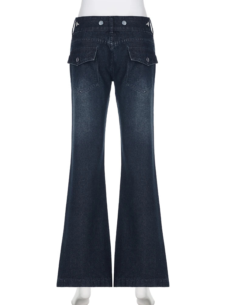 Safari Style Button Decoration Jeans Basic Loose Low-Waisted Wide Leg Pants Women Autumn Winter Streetwear Ladies voguable