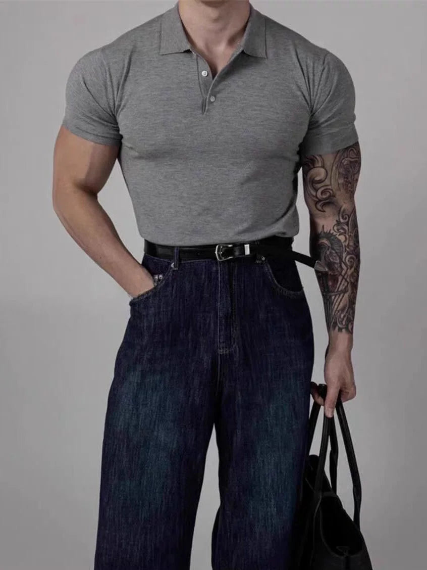 Voguable  American Style Hard Man  Color Ice Silk  Shirt Muscle Men Slim Short Sleeve Workwear T-Shirt Tight Sleeve Casual Gol... voguable