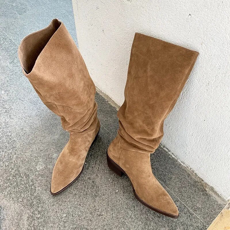 New Western Women Knee-High Boots Autumn Winter Cow Suede Leather Quality Office Lady Casual Shoes Retro Black Woman Boots voguable