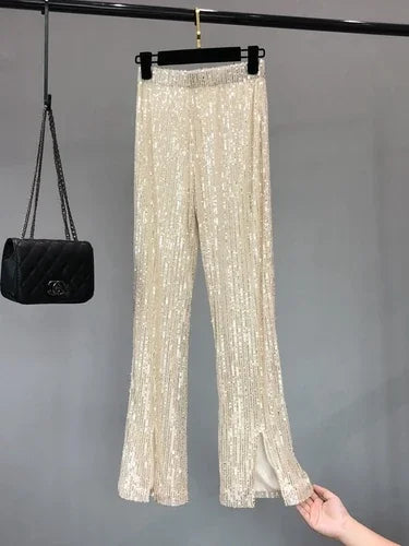 Voguable  New Autumn and Winter Women's Fashionable Shiny White Trousers, Versatile Slimming High Waist Sequined Flared Trousers voguable