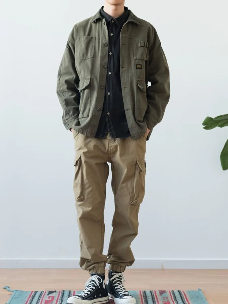 Vintage Army Green Cargo Denim Jacket Men Women Spring Autumn Clothing Harajuku Coat Korean Fashion Military Casual Workwear voguable