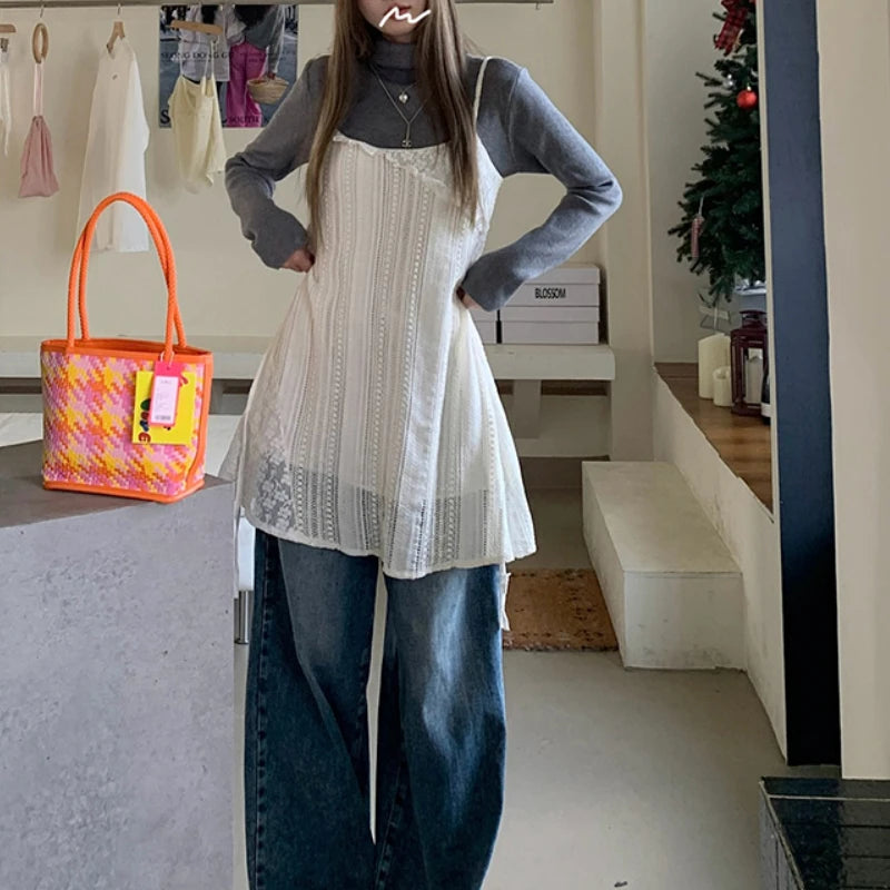 Voguable 2024 Spring New Korean Hollow Loose Casual Asymmetric Lace Sling Dress Women + Solid Color Long-sleeved T-shirt Two-piece Suit voguable