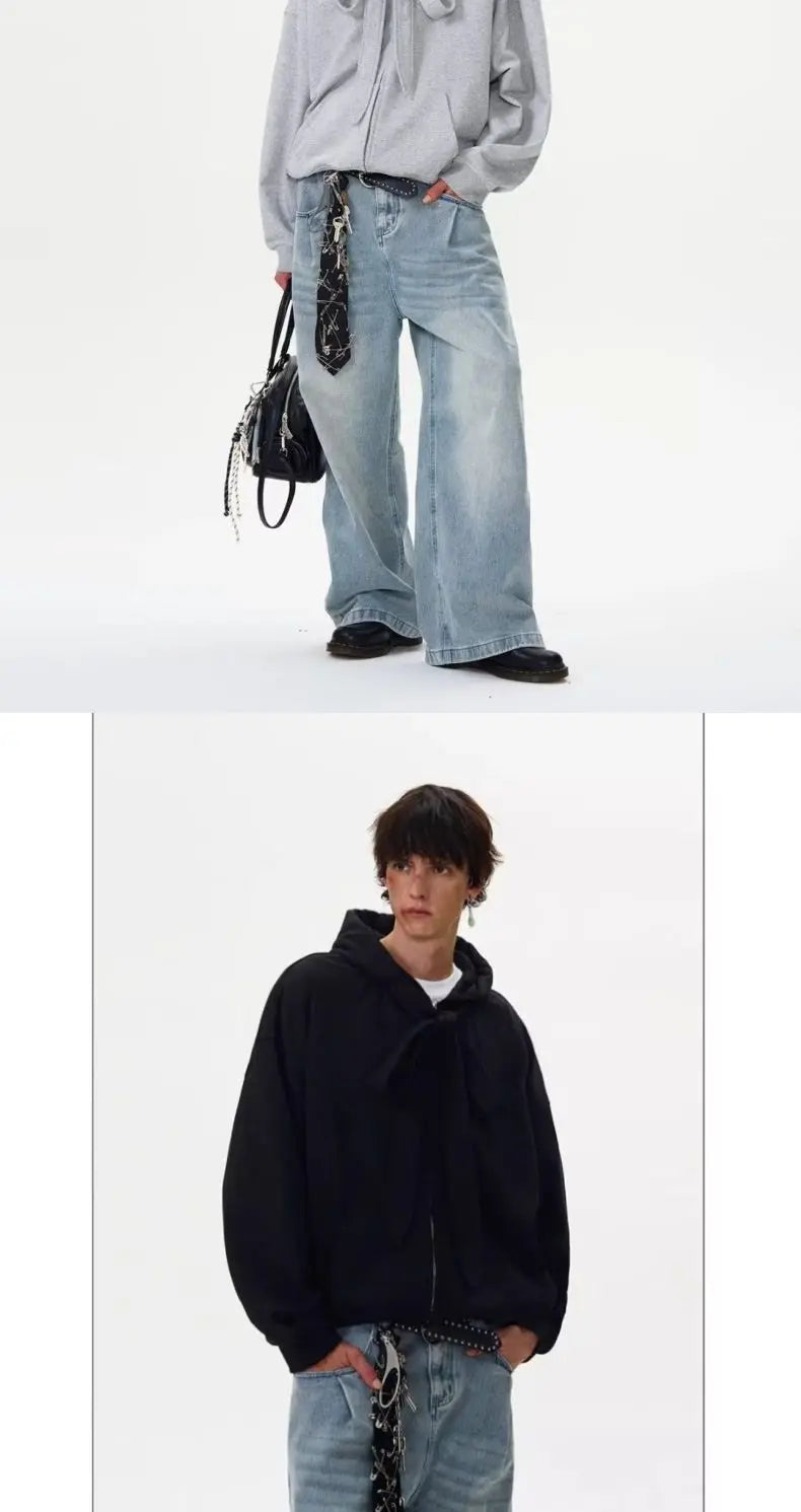 American solid strap design hooded sweatshirt cardigan men's autumn winter new coat couple tops loose versatile jacket voguable