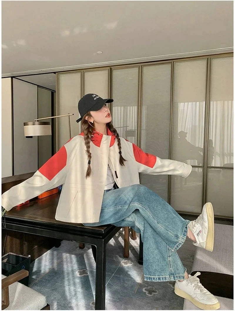 Vintage Patchwork Cargo Jacket Women Loose Preppy Style Long Sleeve Sweet Coat Casual Fall Female Retro All Match New Tops voguable