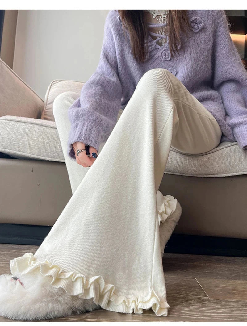Ruffles Knitted Flare Pant Women High Waist Fashion Loose Fall Winter Trousers Korean Chic Elegant Lady Sweet Solid Pants voguable