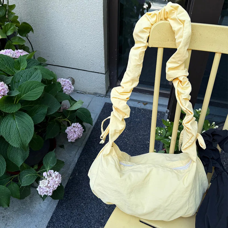 Korean Casual Pleated Drawstring Handbags Women Fashion Simple Solid Crossbody Bag Sweet Y2k Aesthetic Office Lady Shoulder Bags voguable