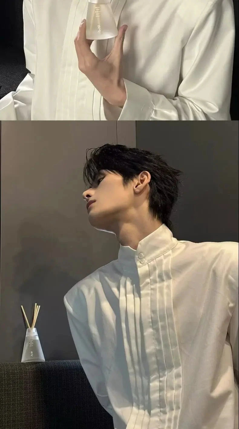 Spring New Niche Shirt Deconstructed Stand Collar Long-sleeved Shirt Men's Mature Elegant Youth Design Feel Loose Casual Blouse voguable