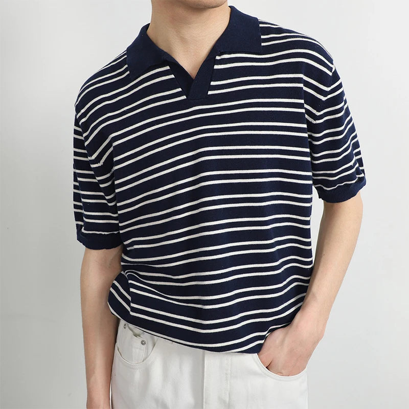 Summer Men's Clothing Light Luxury Knitted Polo Shirt Leisure Striped V-Neck Solid Color Short Sleeve Fashion Retro Knitwear voguable