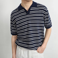 Summer Men's Clothing Light Luxury Knitted Polo Shirt Leisure Striped V-Neck Solid Color Short Sleeve Fashion Retro Knitwear voguable