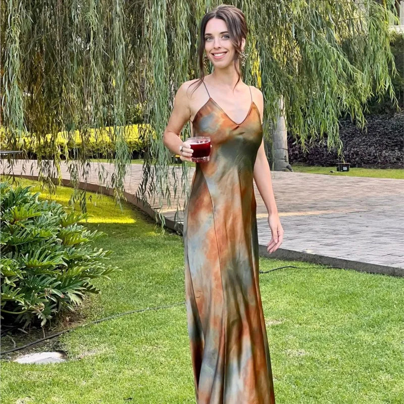 Fashion V-neck Satin Party Dress Vacation Beach Slim Women Long Dress Tie Dye Printing Streetwear Summer Slip Dresses 2025 New voguable