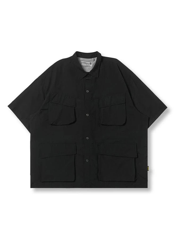 Voguable  Multi Pocket Lapel Shirt Loose Workwear Short Sleeve Button Blouse Men Women Vintage CityBoy Japan Premium Cargo Shirt voguable