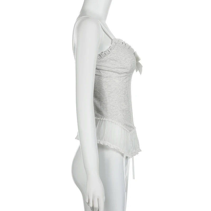 Voguable  Y2K Lace Ruffles Crop Top Women Coquette Aesthetic Bow Milkmaid Corset Cute Japanese Lolita Style Camis Fairy Vest voguable