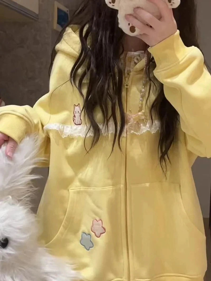 Women Cute Cartoon Hoodies Vintage Lace Patchwork Loose Sweet Sweatshirts Fall Preppy Style Japan Pockets Lady Kawaii Tops voguable