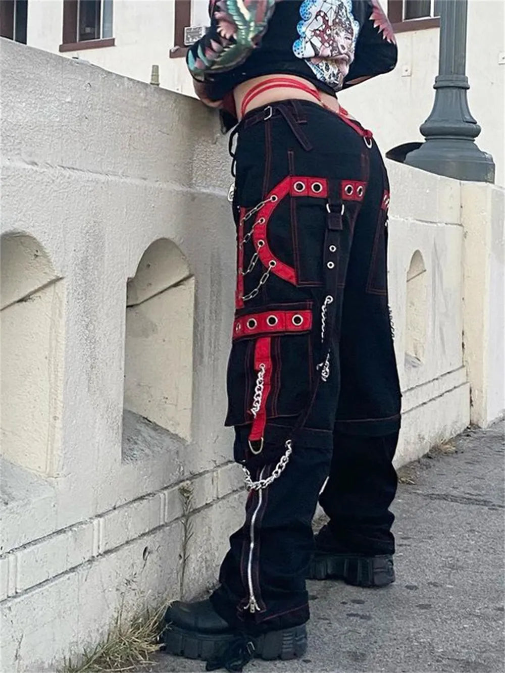 Cyber Punk Unisex Cargo Wide Leg Pants Chain Bandage Ruched Tie Capris Pants Women Gothic Baggy Trousers BF Hippie Grunge Jogger voguable