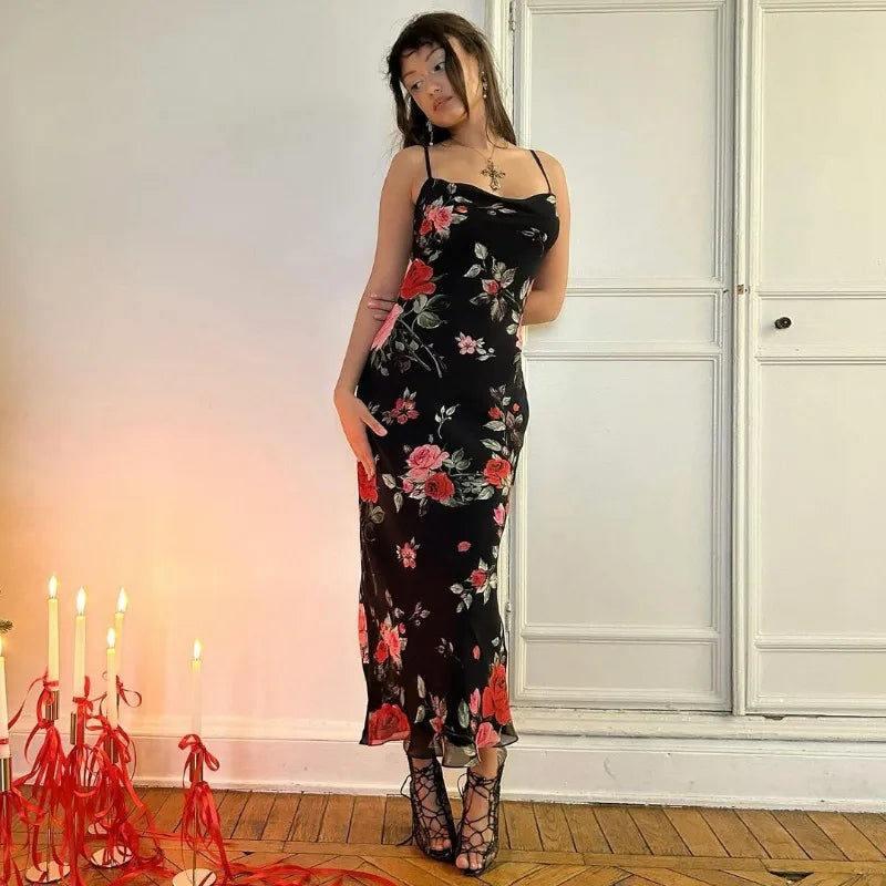TARUXY Retro Floral Dress Women Elegant Summer Slim Sleeveless Backless Long Dresses Female Party Temperament Maxi Dress Woman voguable