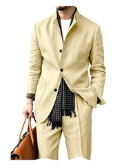 Voguable  Men's Linen Blend 2 Piece Suit Set Stand Collar Three Button Breathable Casual Blazer Pants For Business Daily Wear Summer voguable