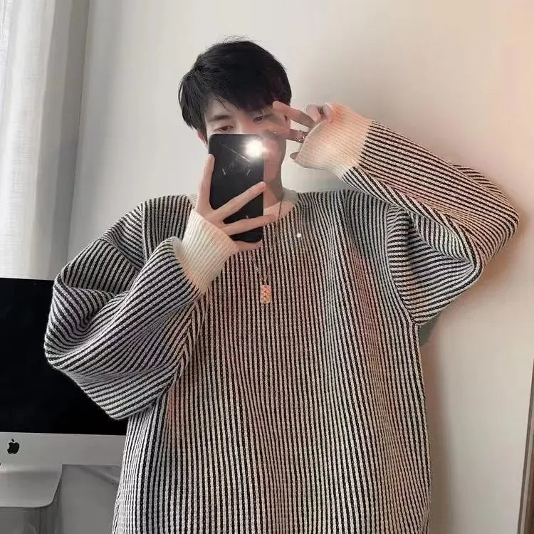Voguable Striped Knitted Sweater Coat Men Japanese Oversize Casual Autumn Winter Loose O-neck Pullovers for Man Streetwear voguable