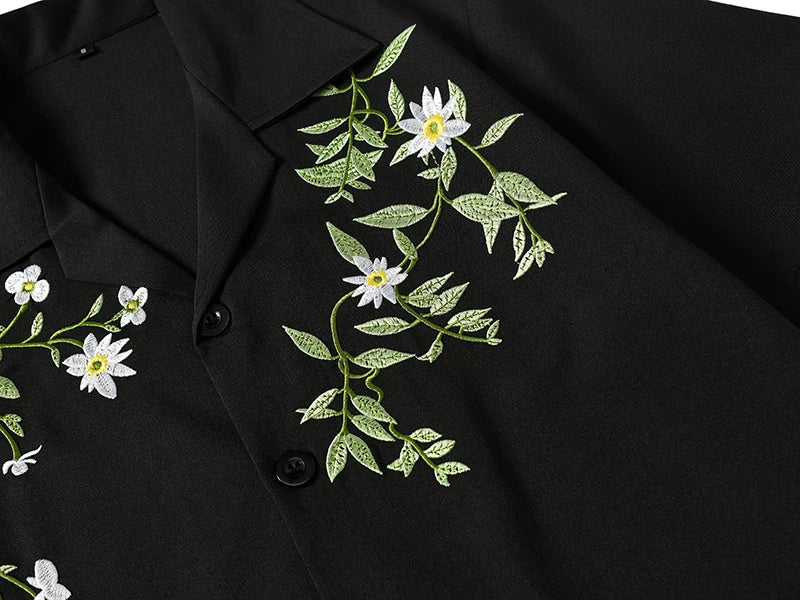 Dark Icon Embroidery Cool Material Men's Shirt Short Sleeve Hawaii Beach Shirts Black Beige voguable
