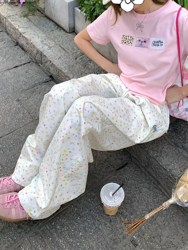 Stars Print Letter Cargo Pants Women Sweet Fashion High Waist Wide Leg Trousers Casual Loose Preppy Style Female Cute Pants voguable