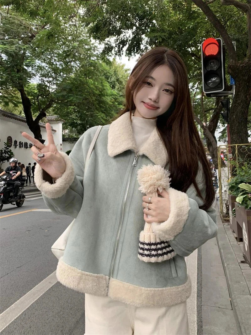 Faux Suede Lamb Jackets Women Winter Warm Thick Sweet Cute Short Coat Korean Vintage Loose Long Sleeve Preppy Style Tops voguable