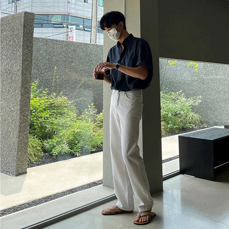 Summer Men's Clothing Light Luxury Shirt Korean Solid Color Short Sleeve Button-down Retro Fashion Leisure Loose Pocket Shirts voguable