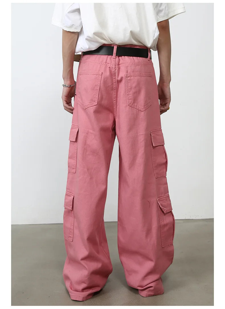 Voguable Pink Cargo Jeans Pants Men Oversize Wide Leg Denim Trousers Male Loose Casual Japanese Streetwear Hip Hop Pocket voguable