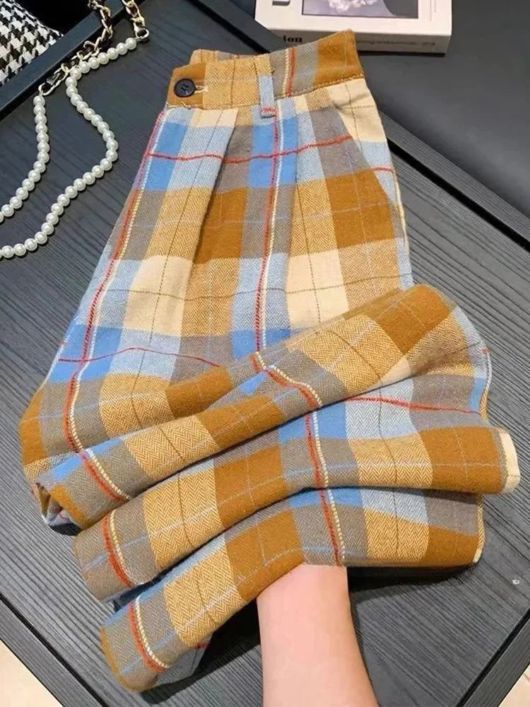 Vintage Fall Plaid Wide Leg Pants Women Casual Loose High Waist Retro Trousers American Pockets Lady High Quality Straight Pant voguable