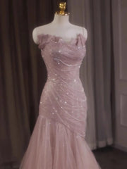 Voguable Rose Pink Mermaid Evening Dresses Pleat Asymmetry Chain Shiny Sequined Long Slim Fairy French Celebrity Prom Party Gowns Woman voguable