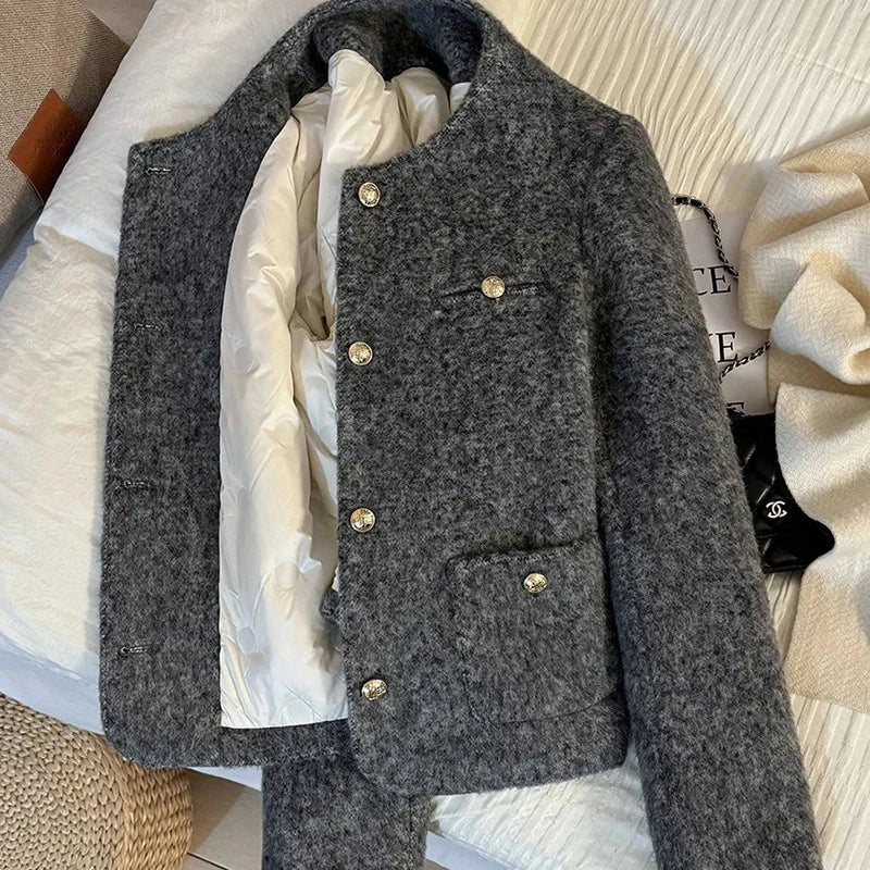 Vintage Faux Woolen Coat Women Warm Winter Thick Long Sleeve Gray Cotton Jacket Female Retro O Neck Pockets Casual Tops New voguable