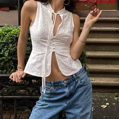 y2k Tank Top Women Summer Clothes White Flower Embroidery Mock Neck Front Cutout Sleeveless T Shirt Vest Streetwear voguable