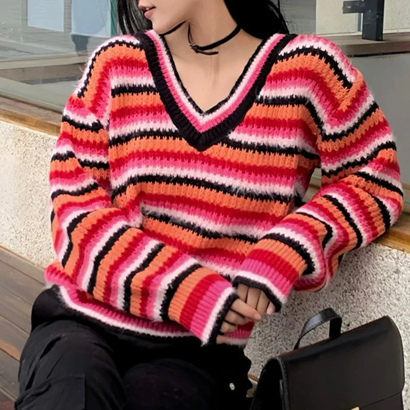 Multicolor Striped Pullover Women Sweater Soft Knitted V-Neck Long Sleeve Jumper Teen-girl Fall Winter 90s Y2K Outfit voguable
