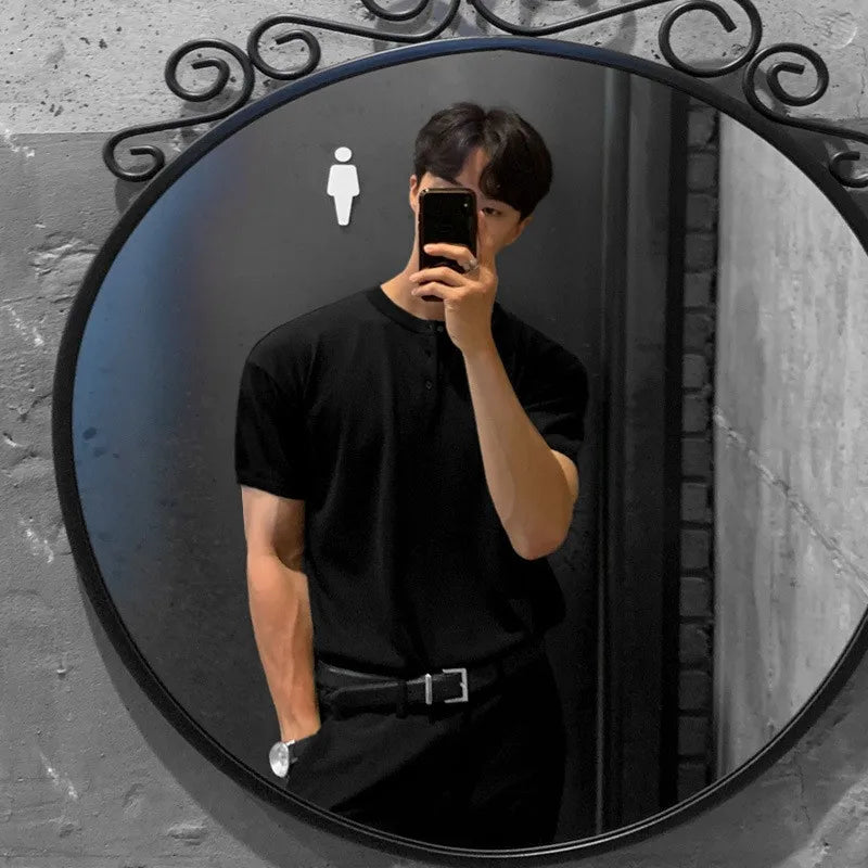 New Fashion Korean Style Men T-shirt Light Luxury Knitted Henry Collar Tops Casual Solid Color Short Sleeve Breathable Knitwear voguable
