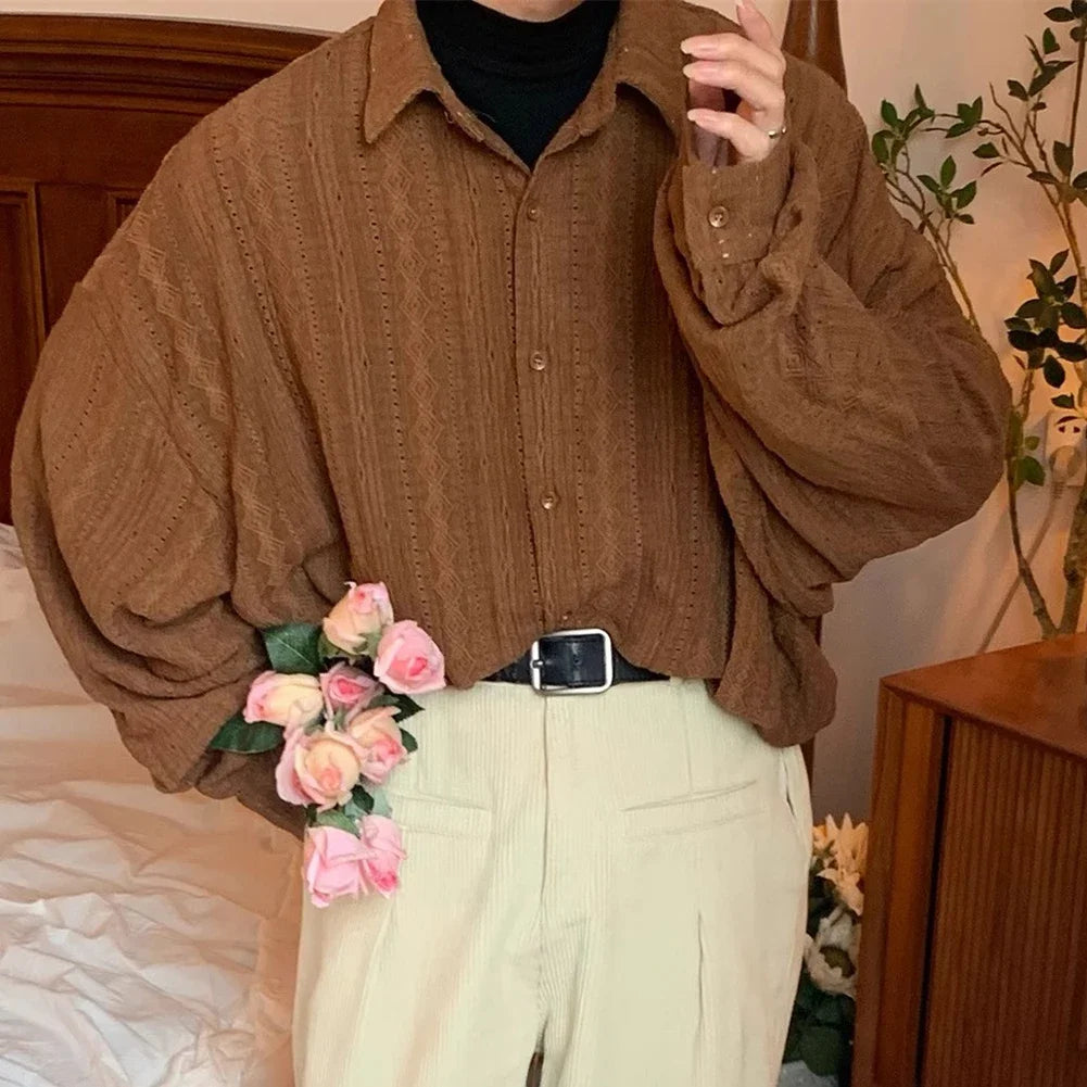 Shirts For Men Apricot Handsome Lapel Men Blouse Vacation Hollow Out Sexy Fashion Men Clothing Male Mesh Long-sleeved Shirts voguable
