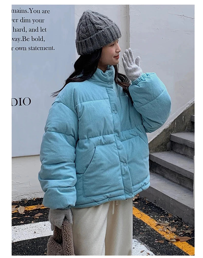 Women Sweet Corduroy Parkas Warm Long Sleeve Retro Stand Collar Cotton Coat Winter Thick Casual Preppy Style Korean Jacket voguable